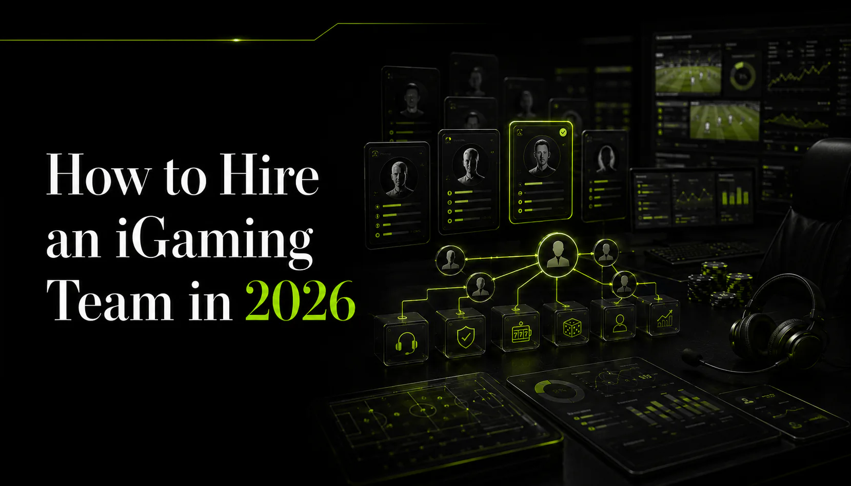 Dark InVault-style resource graphic for How to Hire an iGaming Team in 2026, showing candidate profiles, headset, operations dashboards, CRM cards, team structure, and iGaming hiring planning.